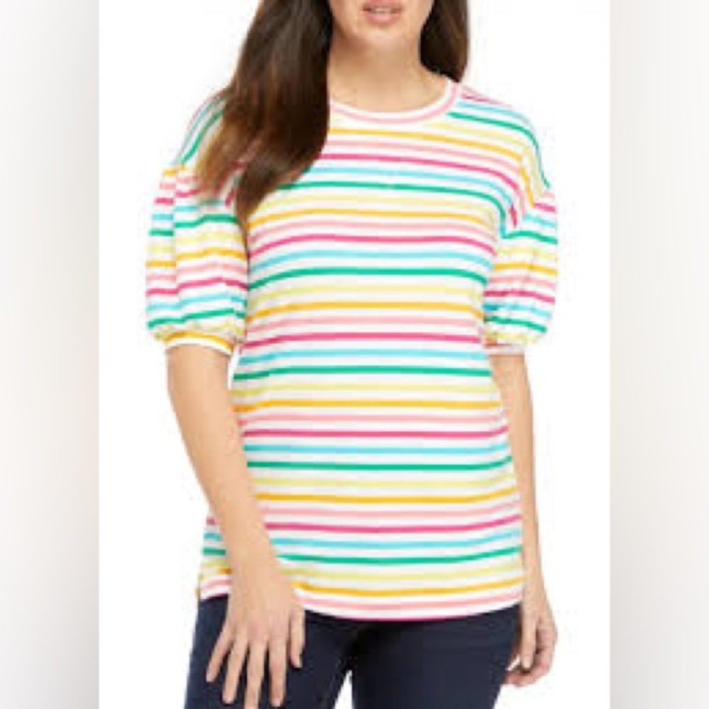 Crown and Ivy puff short sleeve rainbow stripped top